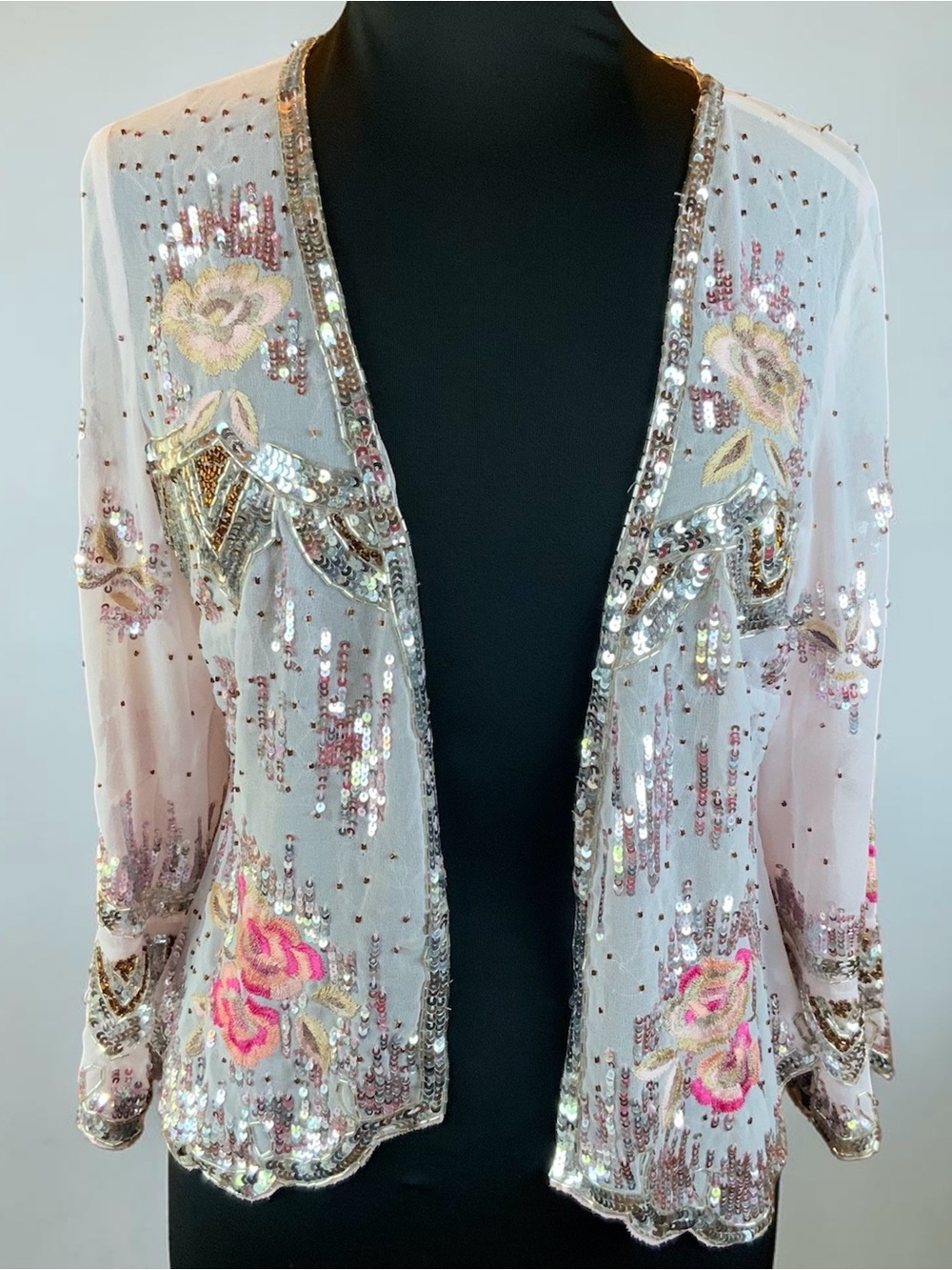 Embellished White Pink Gold Sequin Top Jacket Like New